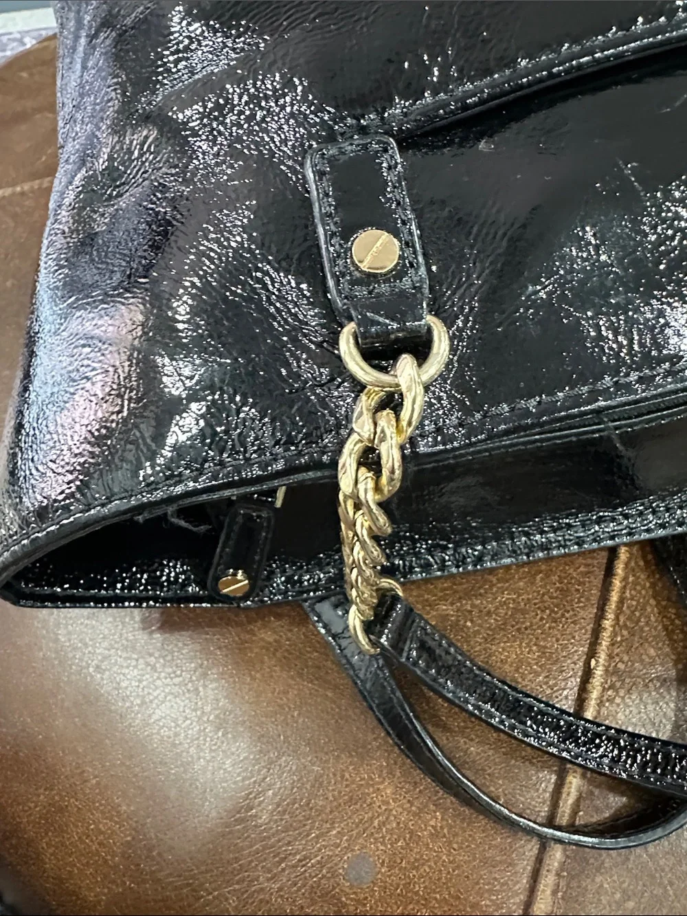 Michael Kors Black Patent Tote with Gold Chain Charm